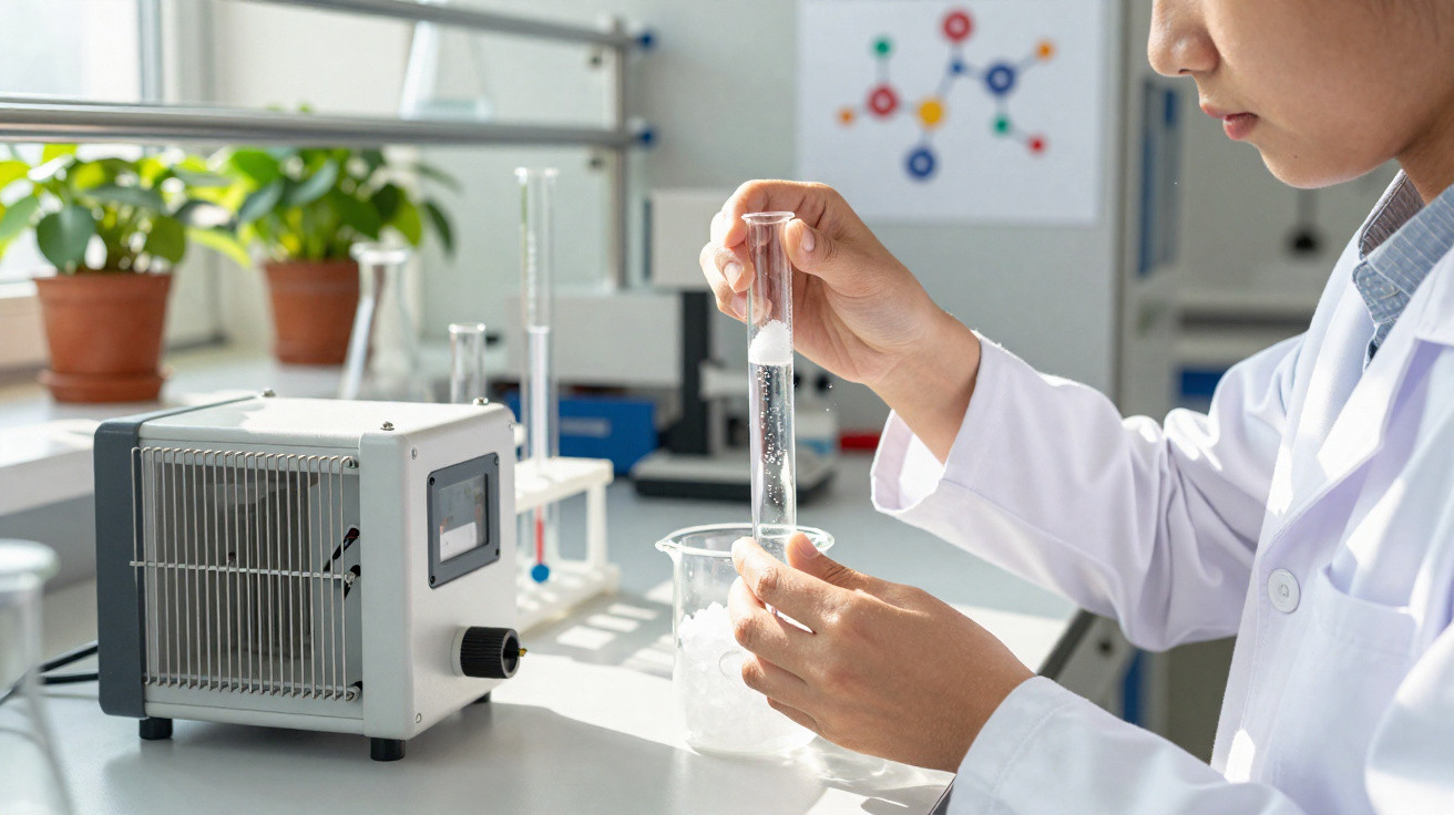 Mulher cientista a medir líquido numa proveta no laboratório com equipamento e plantas ao fundo.