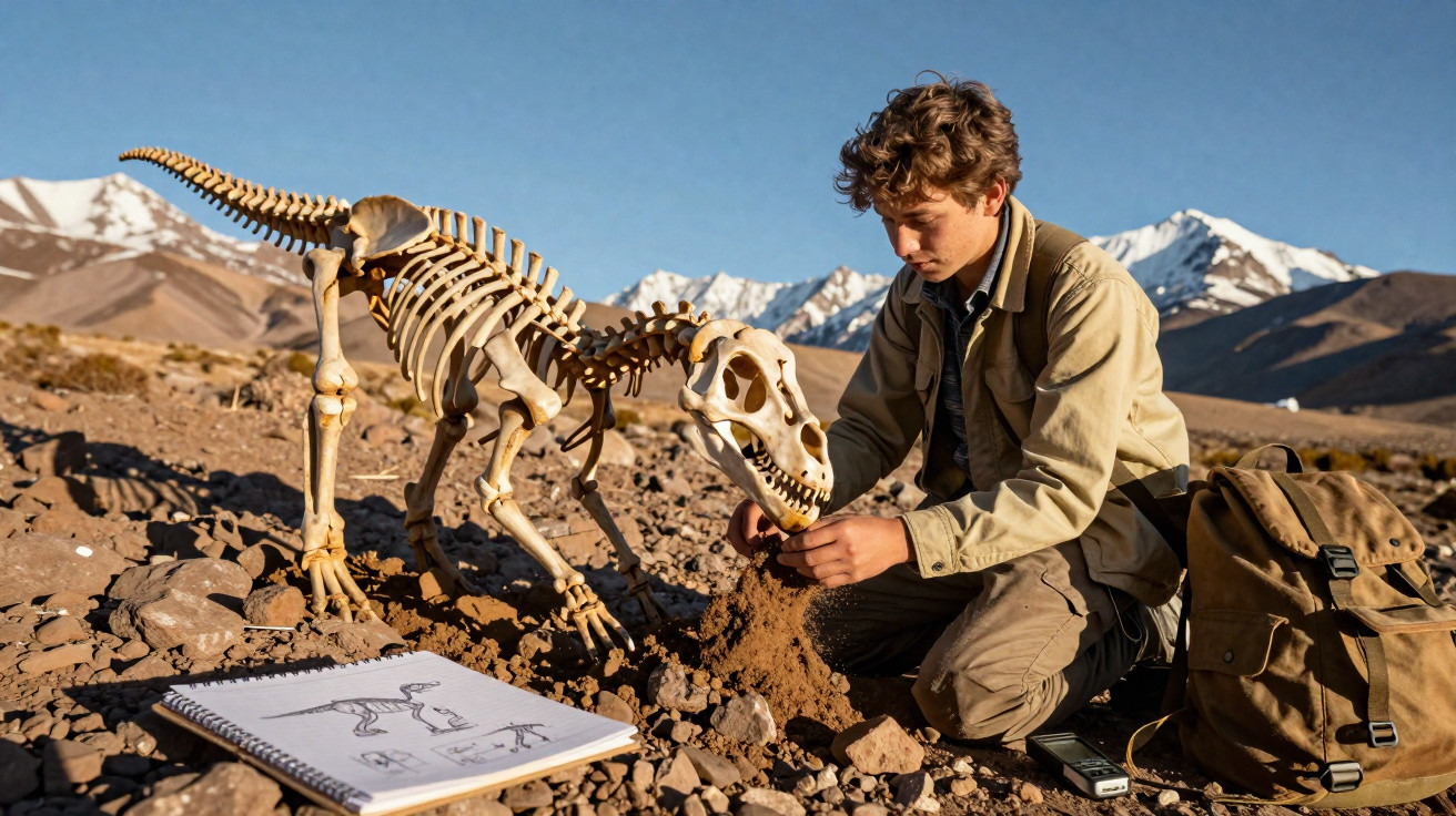 Jovem a estudar fóssil de dinossauro em esqueleto ao ar livre com montanhas nevadas ao fundo.