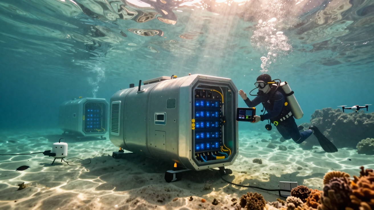 Mergulhador inspeciona equipamento tecnológico subaquático próximo a coral no fundo do mar com luz solar.