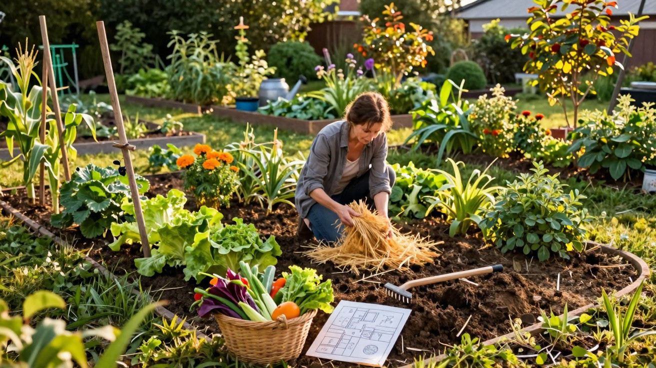 Mulher a trabalhar no jardim, rodeada de plantas, legumes e utensílios de jardinagem num dia ensolarado.
