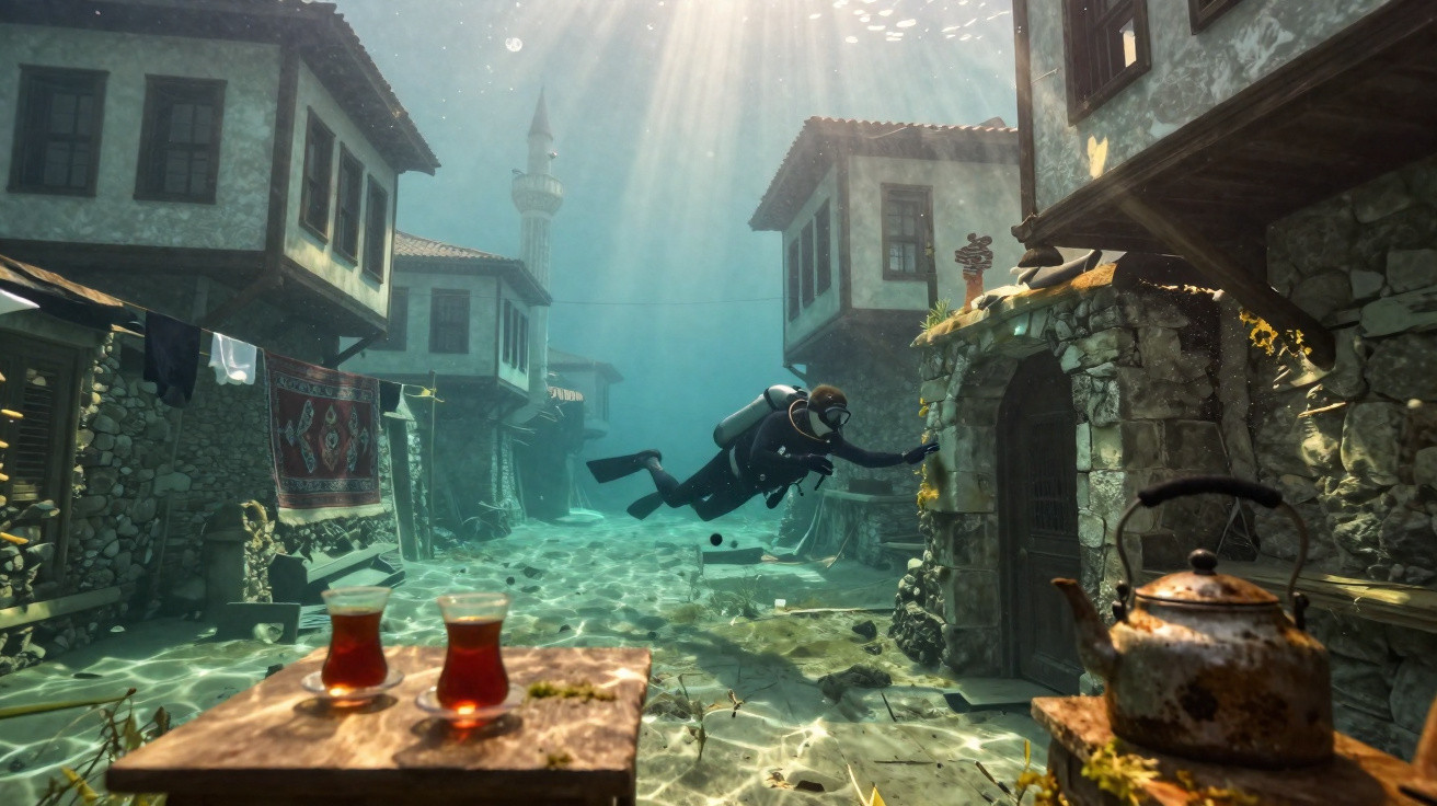 Mergulhador explora rua submersa com casas antigas, mesa com chá e chaleira enferrujada.