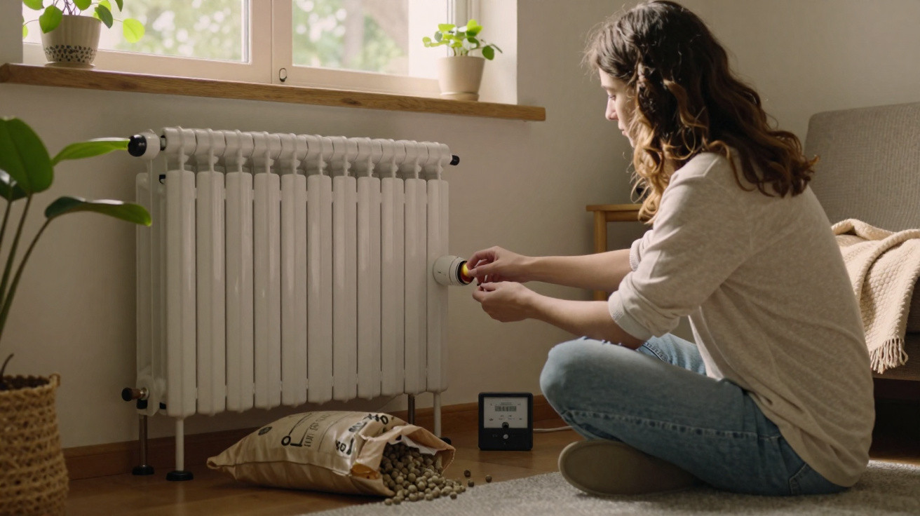 Pessoa a regular o termóstato de um radiador junto a uma janela com plantas interiores.