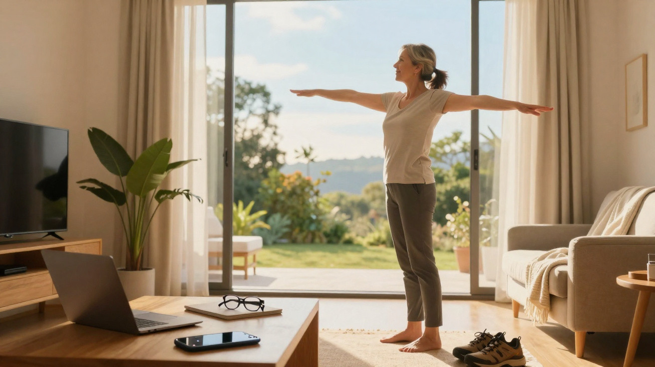 Mulher faz exercícios de alongamento com os braços esticados numa sala com vista para o jardim.