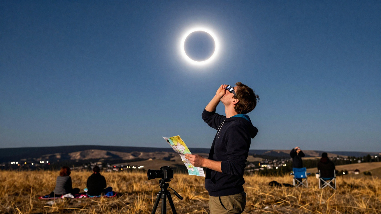 Pessoa com óculos especiais observa eclipse solar total, segurando mapa, campo seco e outras pessoas ao fundo.