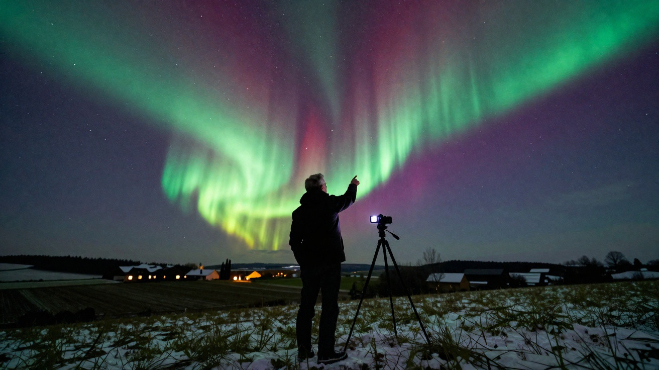Pessoa a fotografar a aurora boreal verde e roxa numa paisagem rural com neve à noite.