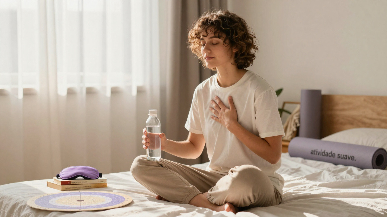 Pessoa sentada em posição de meditação na cama com uma mão no peito e outra a segurar uma garrafa de água.