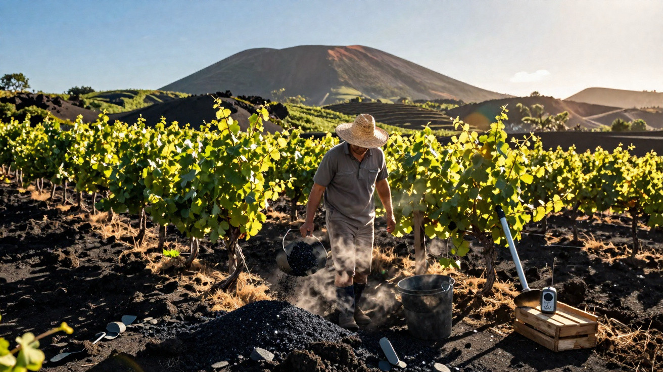Agricultor a espalhar cinzas vulcânicas numa vinha com monte vulcânico ao fundo ao nascer do sol.