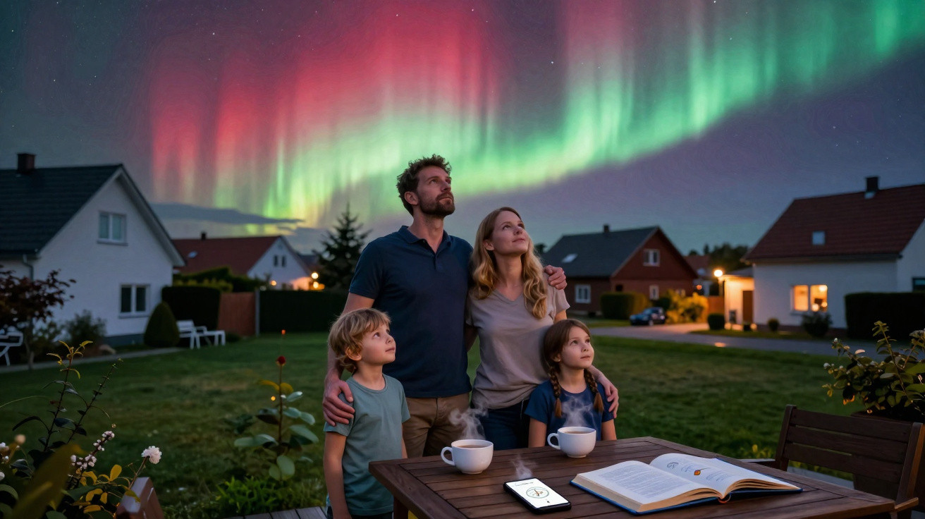 Família observa a aurora boreal no céu noturno em zona residencial com casas típicas europeias.