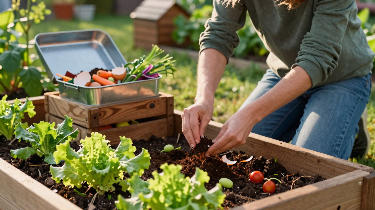 Pessoa a semear legumes numa horta elevada com terra rica e vasos com vegetais variados ao fundo.