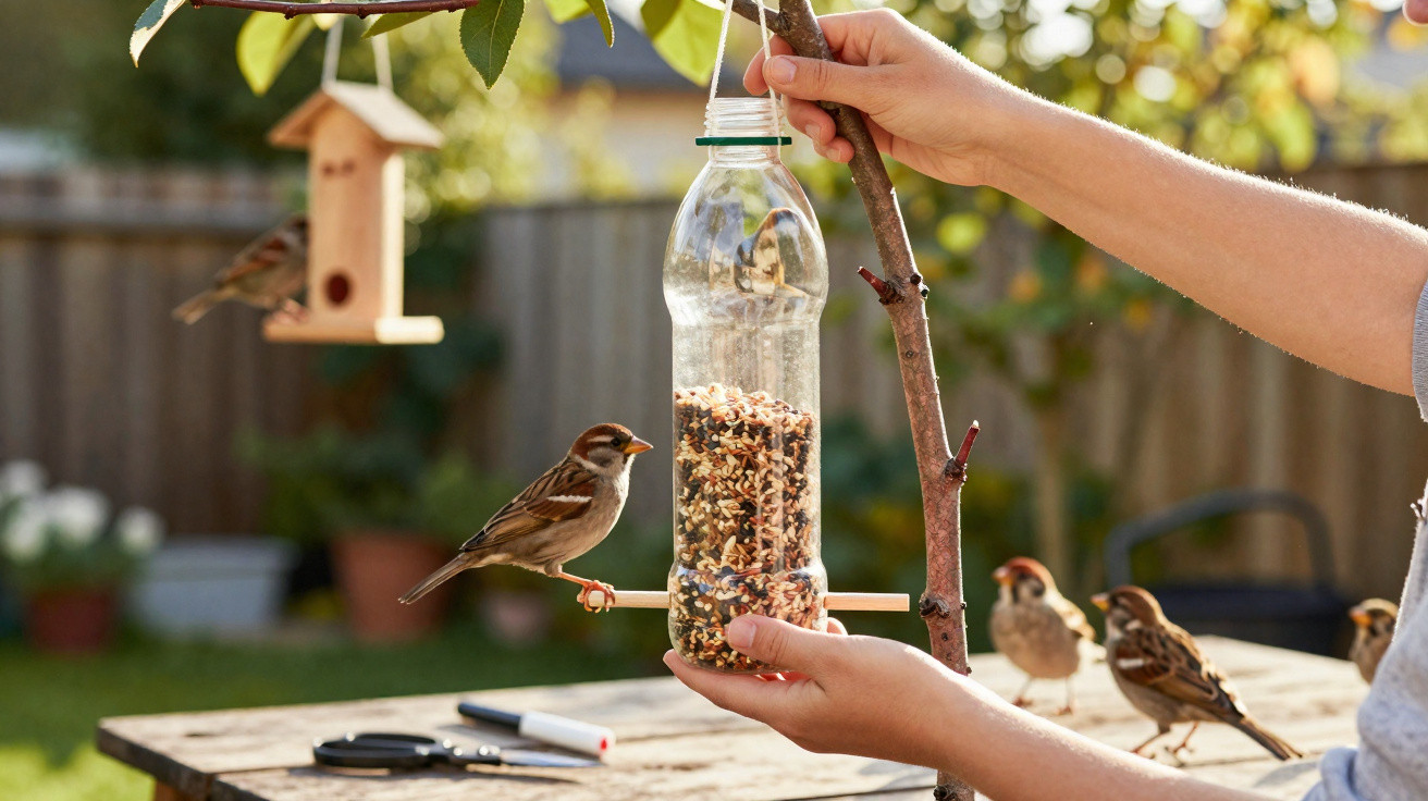 Pessoa a colocar alimento para pássaros num comedouro feito com garrafa de plástico num jardim.