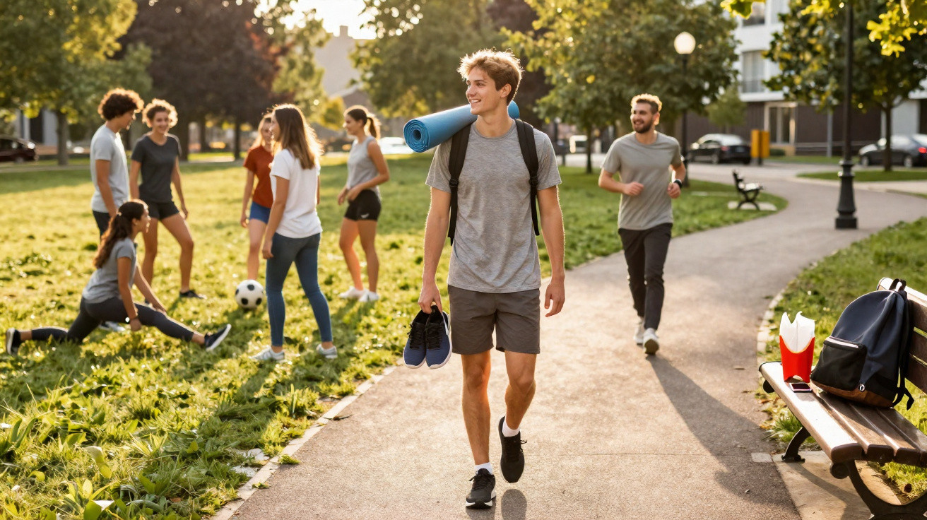 Grupo de jovens a praticar desporto e a caminhar num parque ensolarado.