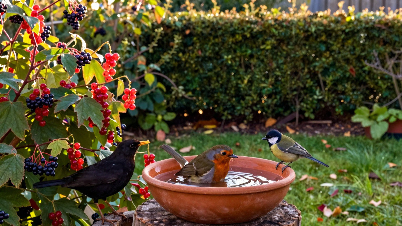 Três pássaros junto a um recipiente de barro com água num jardim, rodeado de arbustos e bagas vermelhas e pretas.