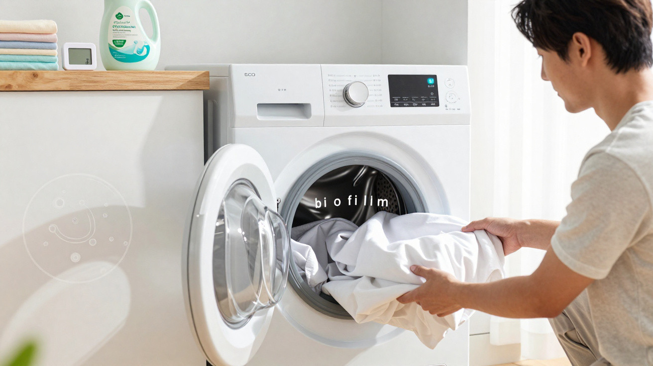 Homem a colocar roupa branca numa máquina de lavar roupa doméstica branca com detergente ao lado.