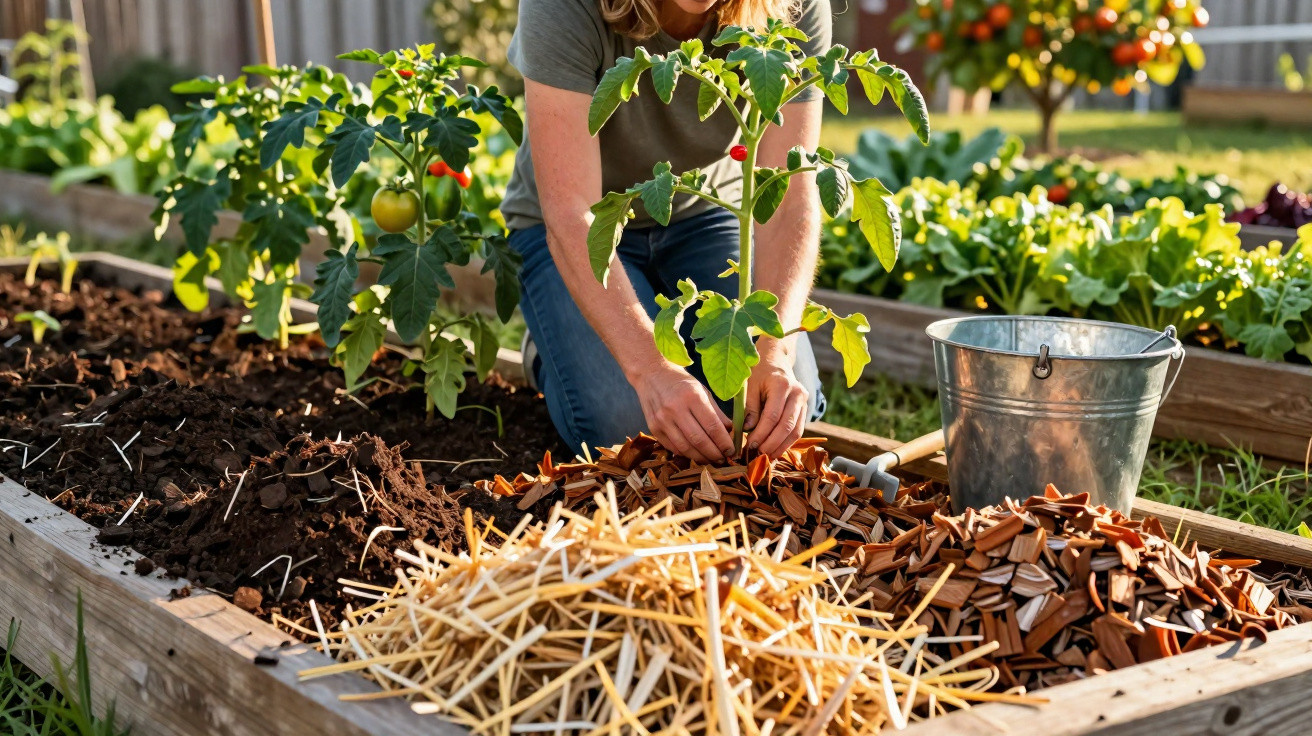Pessoa a cuidar de plantas de tomate num canteiro com terra, palha e madeira em jardim ensolarado.