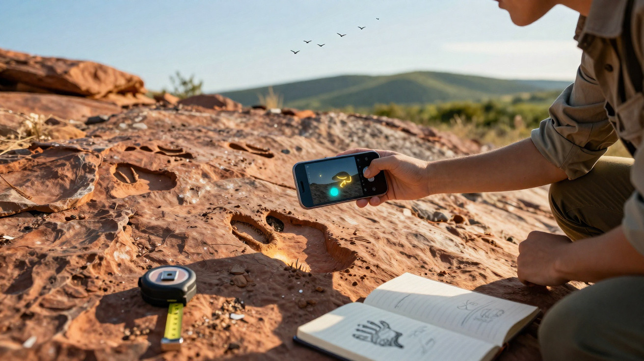 Pessoa a fotografar pegadas fossilizadas numa rocha com caderno de anotações ao lado, ao ar livre.