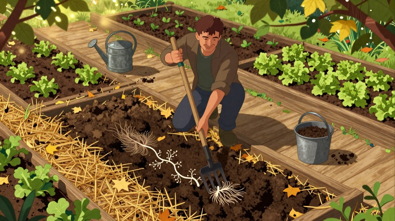 Homem a cavar a terra numa horta com pés de alface e regador nas proximidades, em ambiente ensolarado.