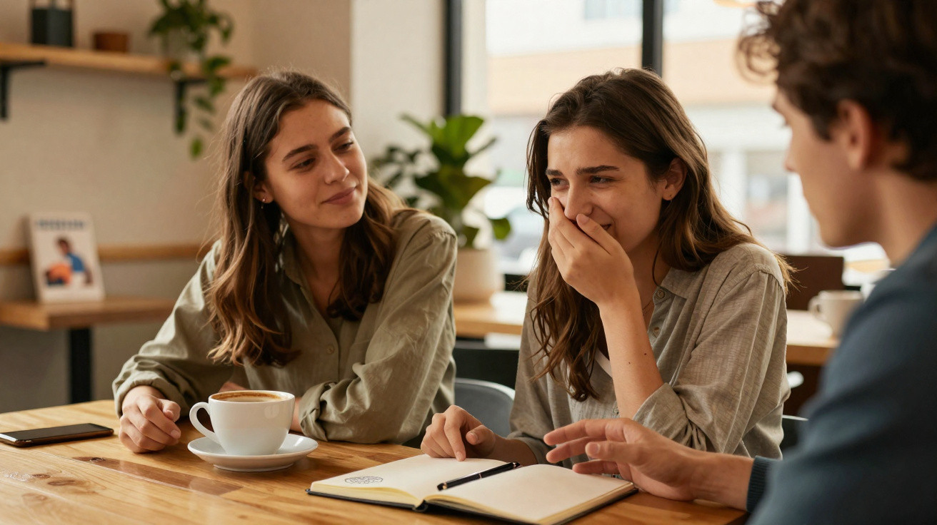 Três jovens sentados numa mesa, conversando e rindo, com uma chávena de café e um caderno à frente.