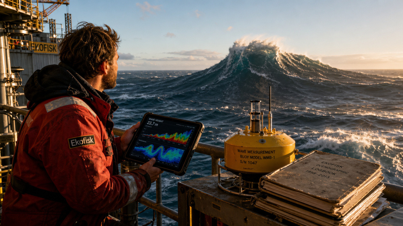 Homem em jaqueta vermelha observa mar agitado e ondas gigantes de uma plataforma offshore ao pôr do sol.