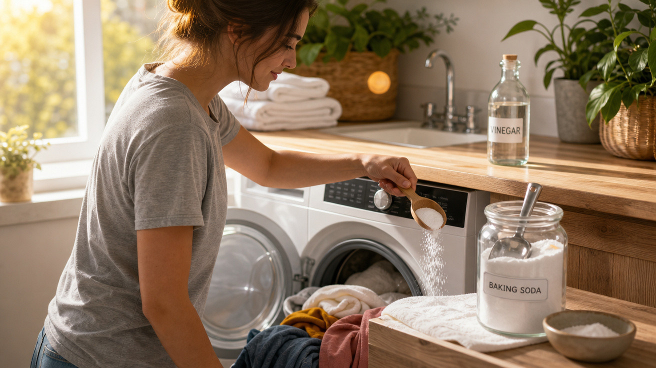 Mulher a colocar bicarbonato na roupa para lavar numa máquina de lavar, cozinha luminosa com plantas e vinagre.