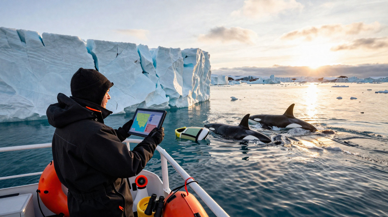 Pessoa com tablet observa orcas a nadar perto de glaciares num barco ao pôr do sol.