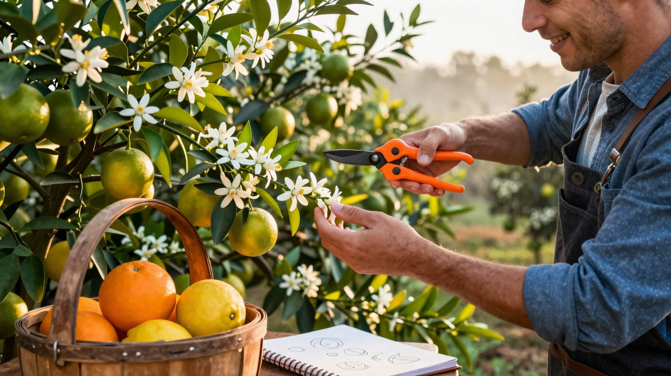 Homem a podar flores de laranjeira com tesoura, cesta com citrinos e caderno no pomar.