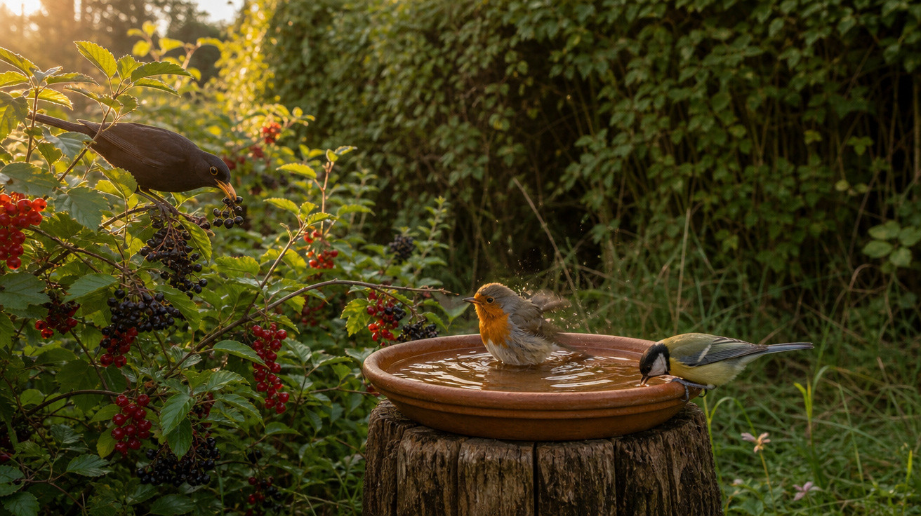 Três pássaros interagem com frutas e um banho de água numa bacia sobre um tronco na natureza ao pôr do sol.