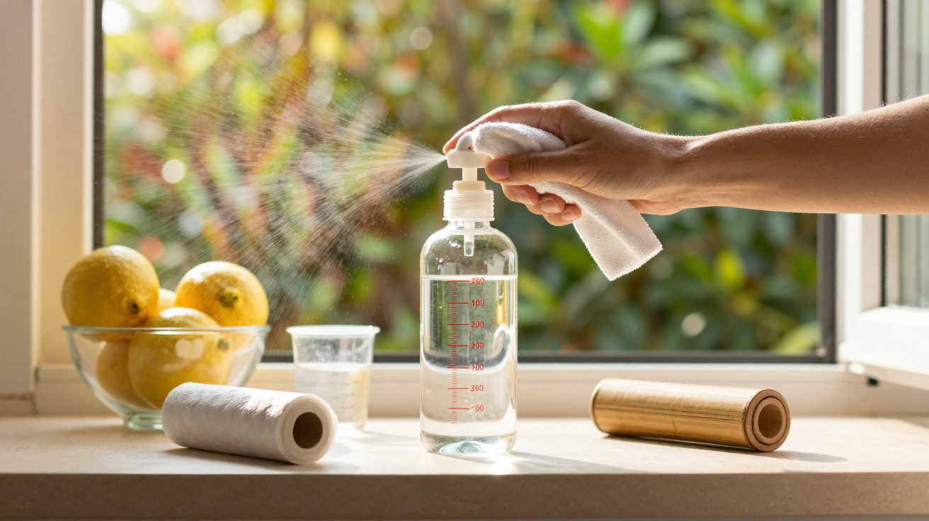 Mão a pressionar pulverizador de vidro com líquido transparente numa janela, com limões e acessórios à volta.