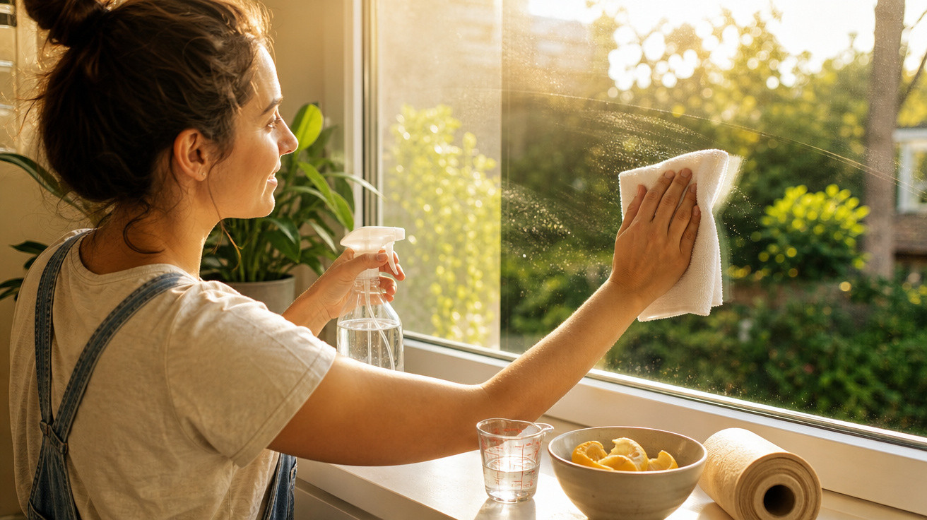 Mulher a limpar uma janela de vidro com spray e pano num ambiente doméstico iluminado pelo sol.