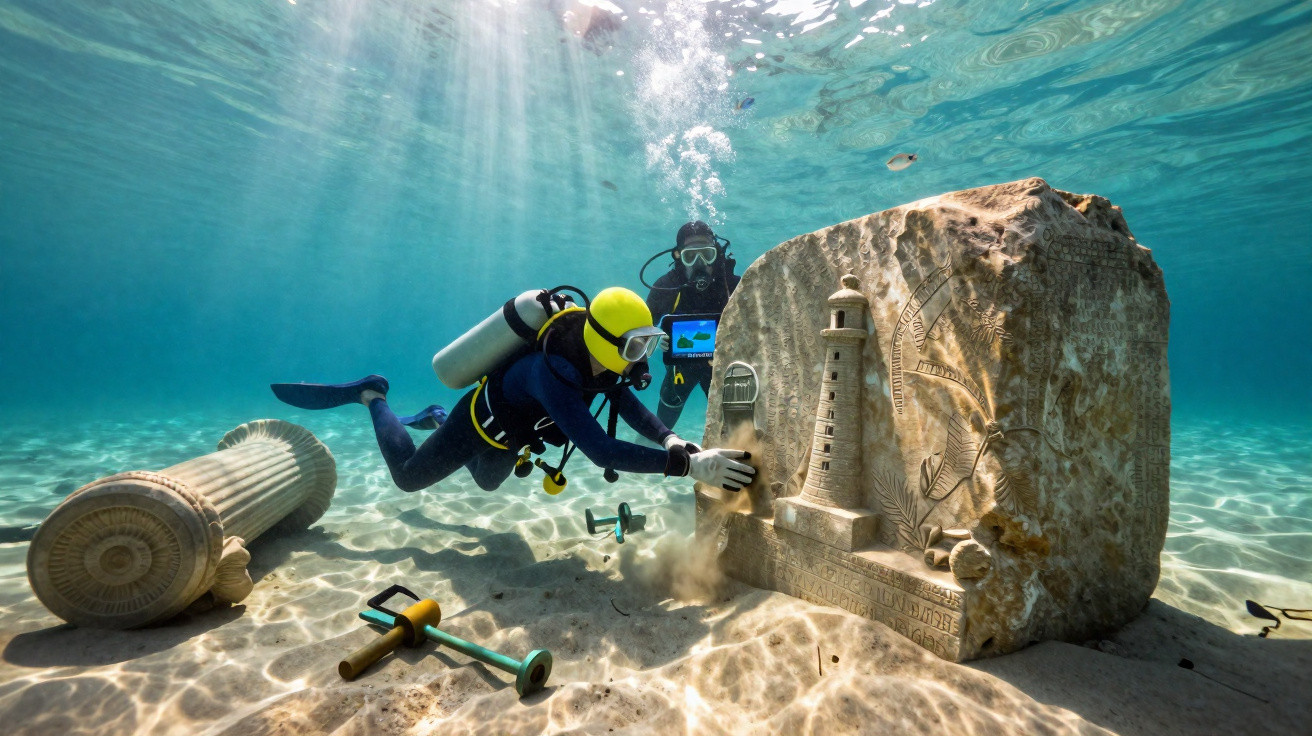 Dois mergulhadores exploram e fotografam monumentos antigos submersos no fundo do mar claro.