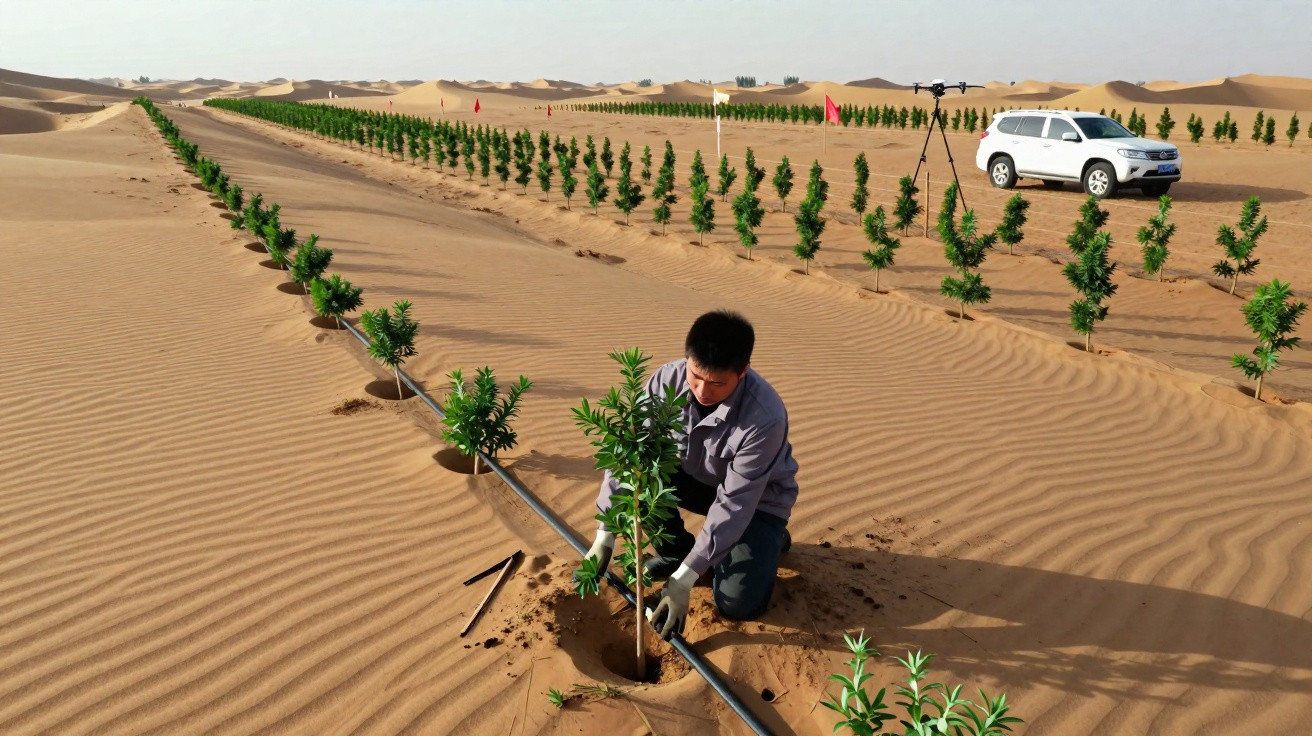 Homem planta árvore irrigada em linhas no deserto com carro branco e drone ao fundo.