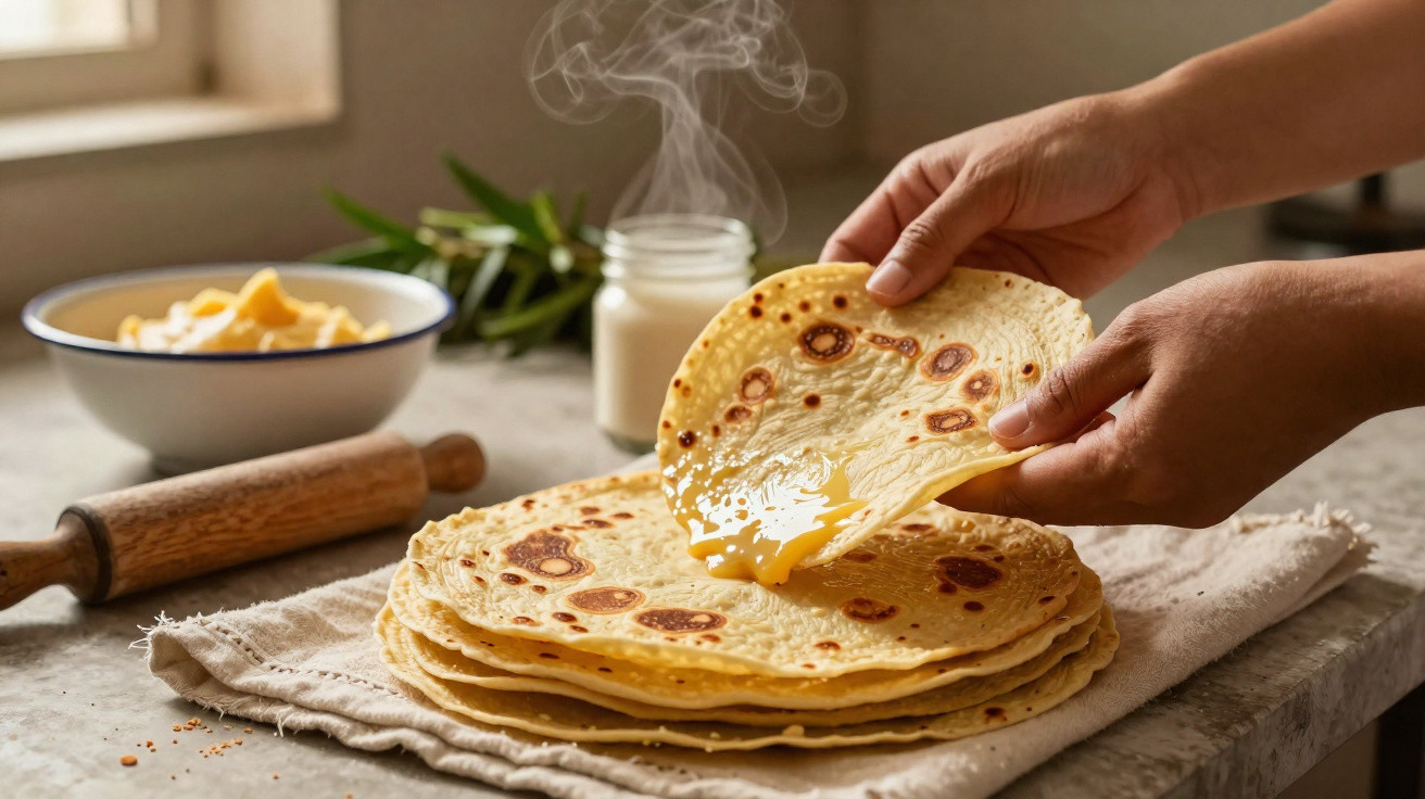 Mãos a colocar mel em tortilhas fumegantes, com instrumentos de cozinha ao fundo.