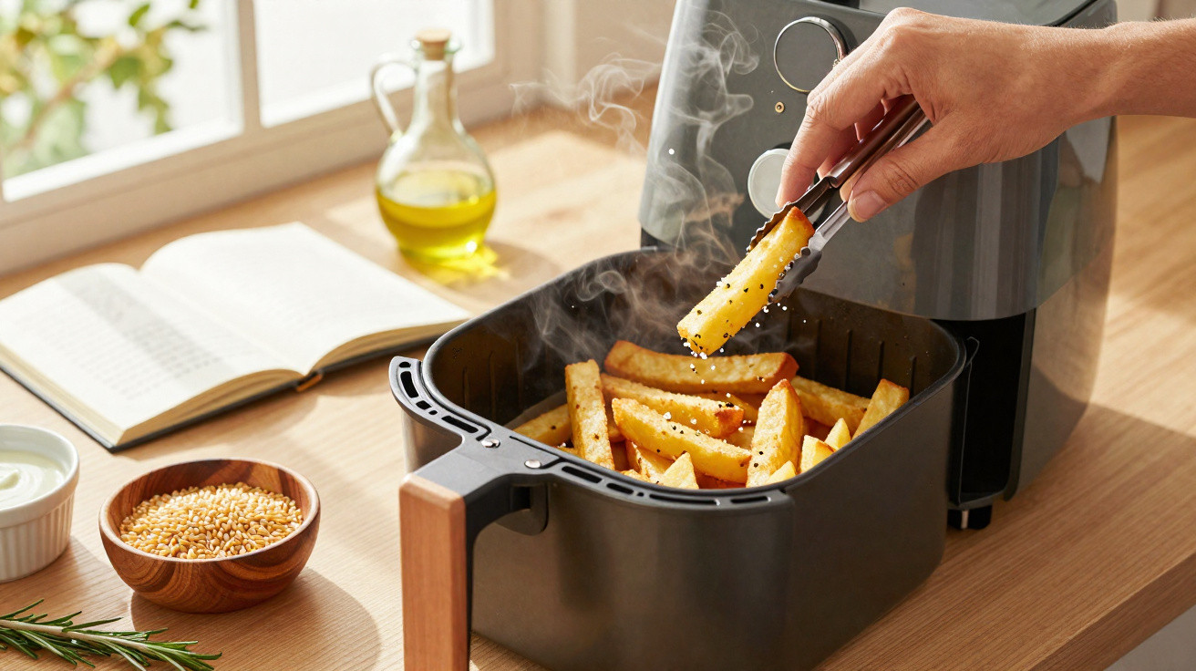 Mão a pegar batatas fritas a fumegar numa fritadeira elétrica numa cozinha com utensílios ao fundo.