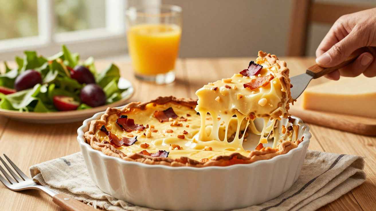 Fatia de quiche de queijo derretido e bacon a ser retirada de tabuleiro branco numa mesa de madeira.