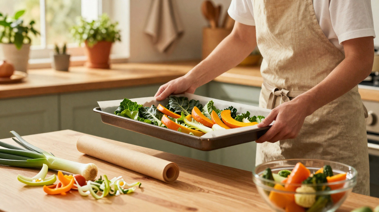 Pessoa a preparar uma tabuleiro com legumes frescos numa cozinha iluminada e organizada.