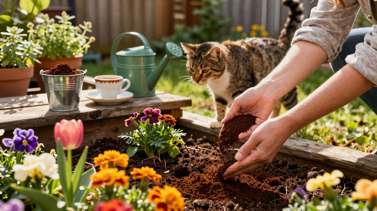 Pessoa a semear flores num jardim, com um gato a observar e regador ao fundo.