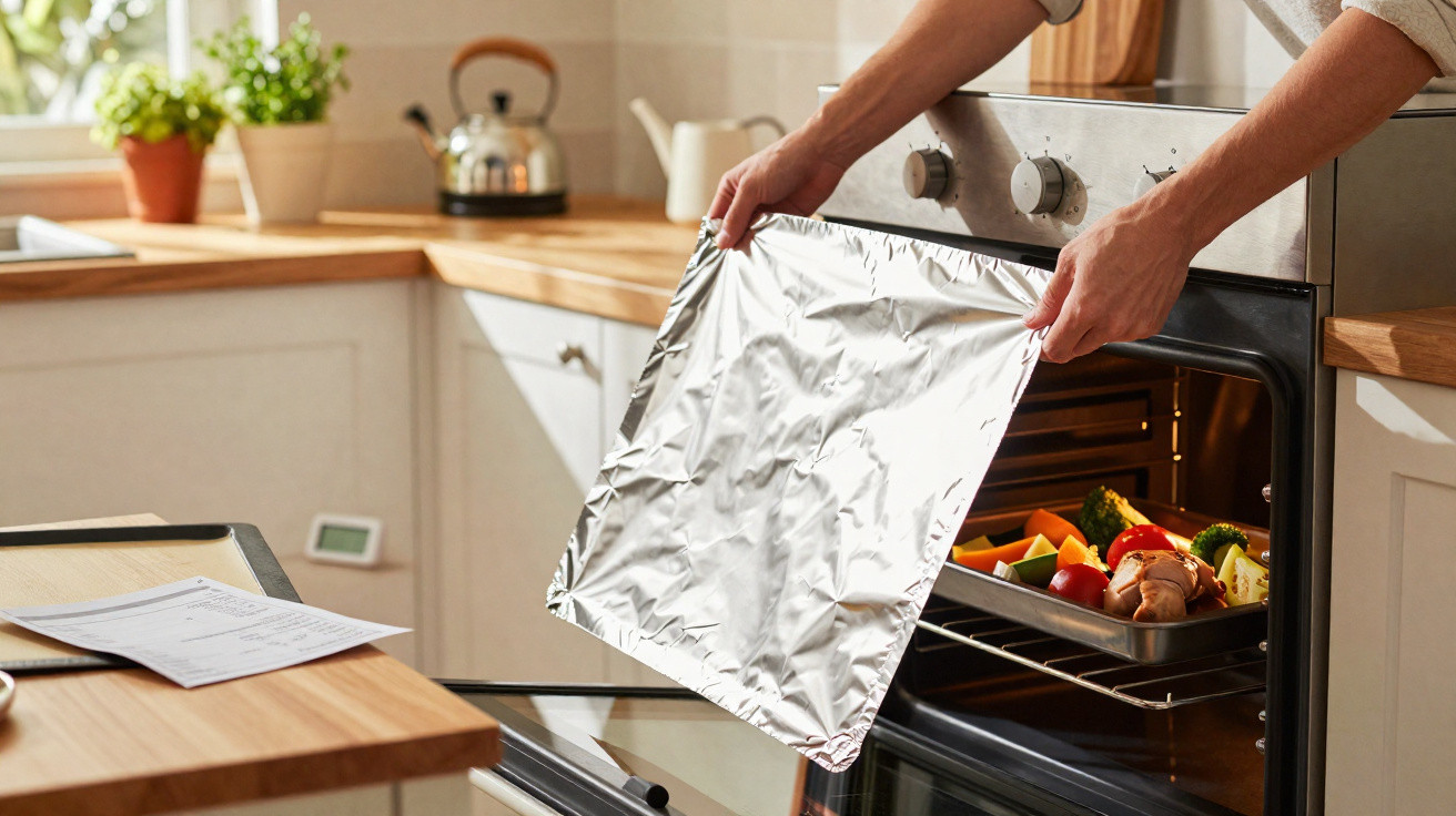 Pessoa a colocar papel de alumínio sobre tabuleiro com legumes num forno de cozinha moderna.