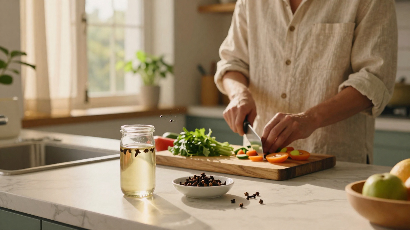 Pessoa a cortar tomates num tabuleiro de madeira numa cozinha iluminada e moderna.
