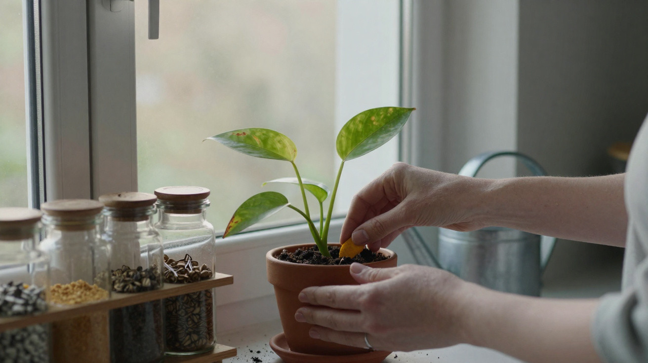 Mãos a cuidar de planta em vaso junto a janela, com frascos de sementes e regador ao lado.