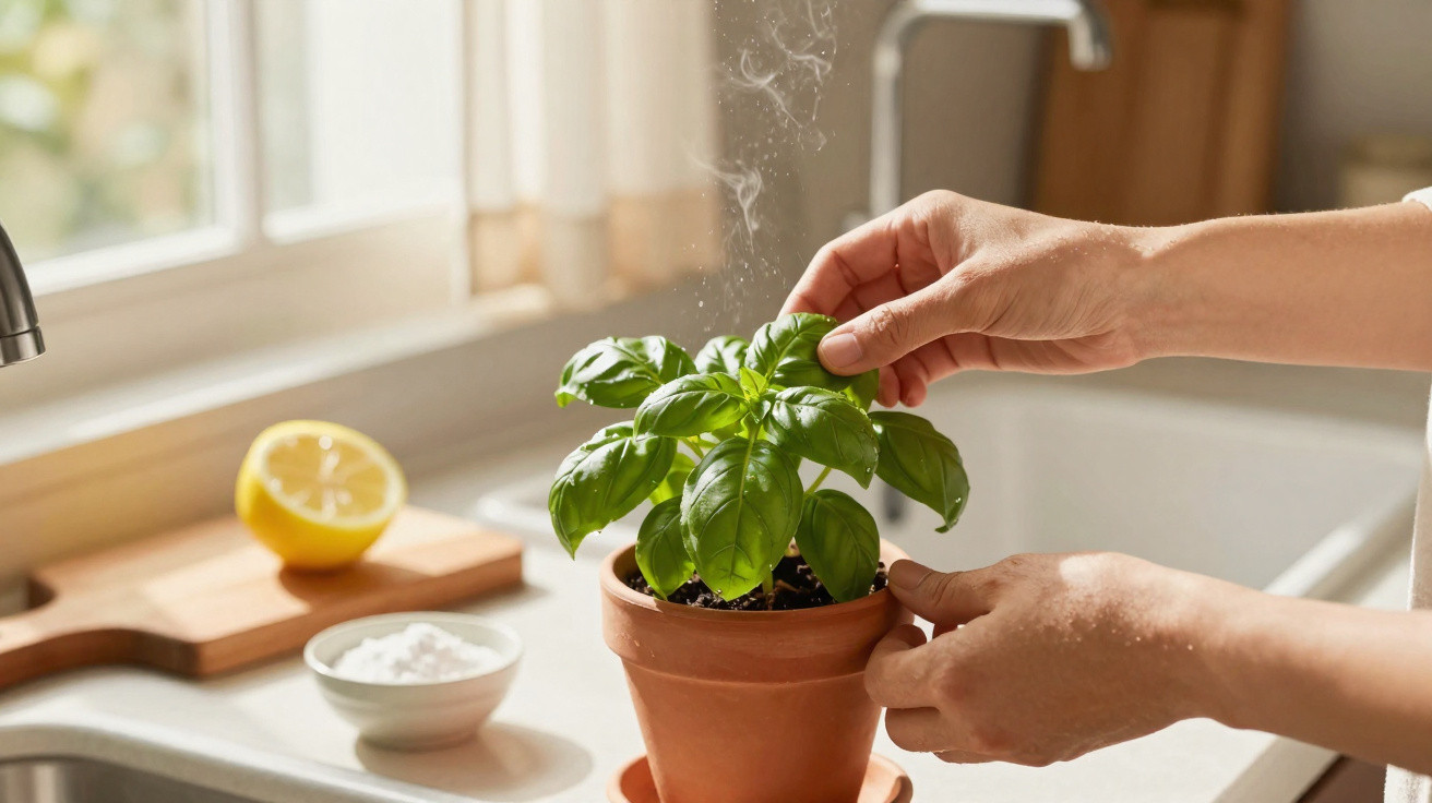Mãos tratam planta de manjericão num vaso de barro numa cozinha com limão e sal ao lado.