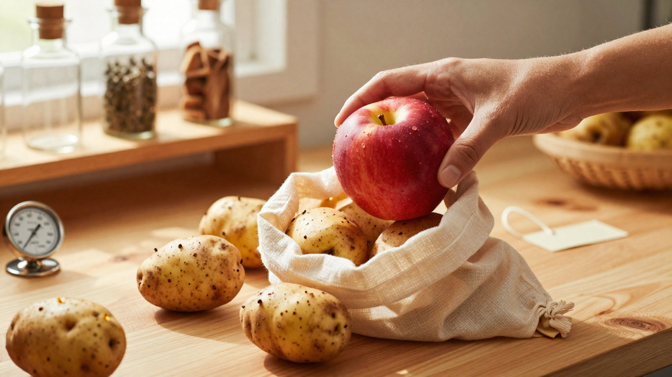 Mão a colocar uma maçã vermelha numa saco com várias batatas sobre uma mesa de madeira clara.