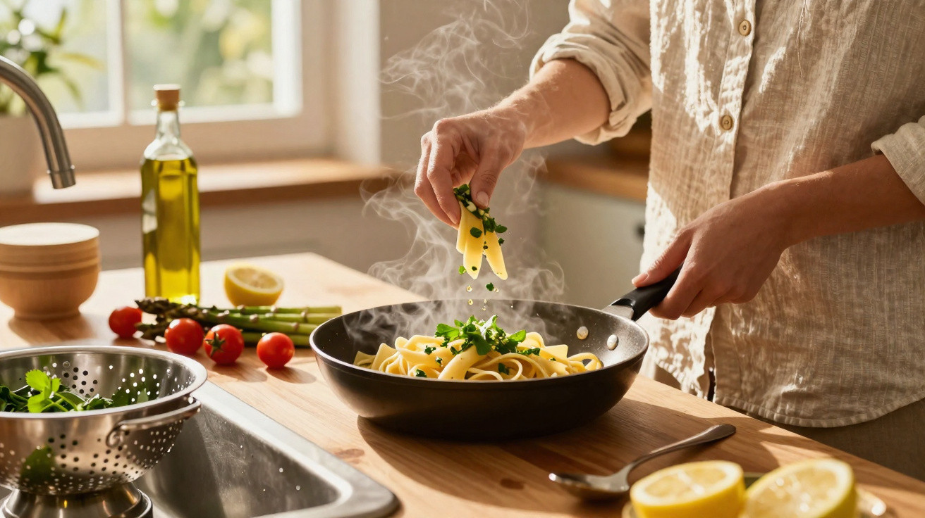 Pessoa tempera massa com ervas frescas numa frigideira numa cozinha luminosa.