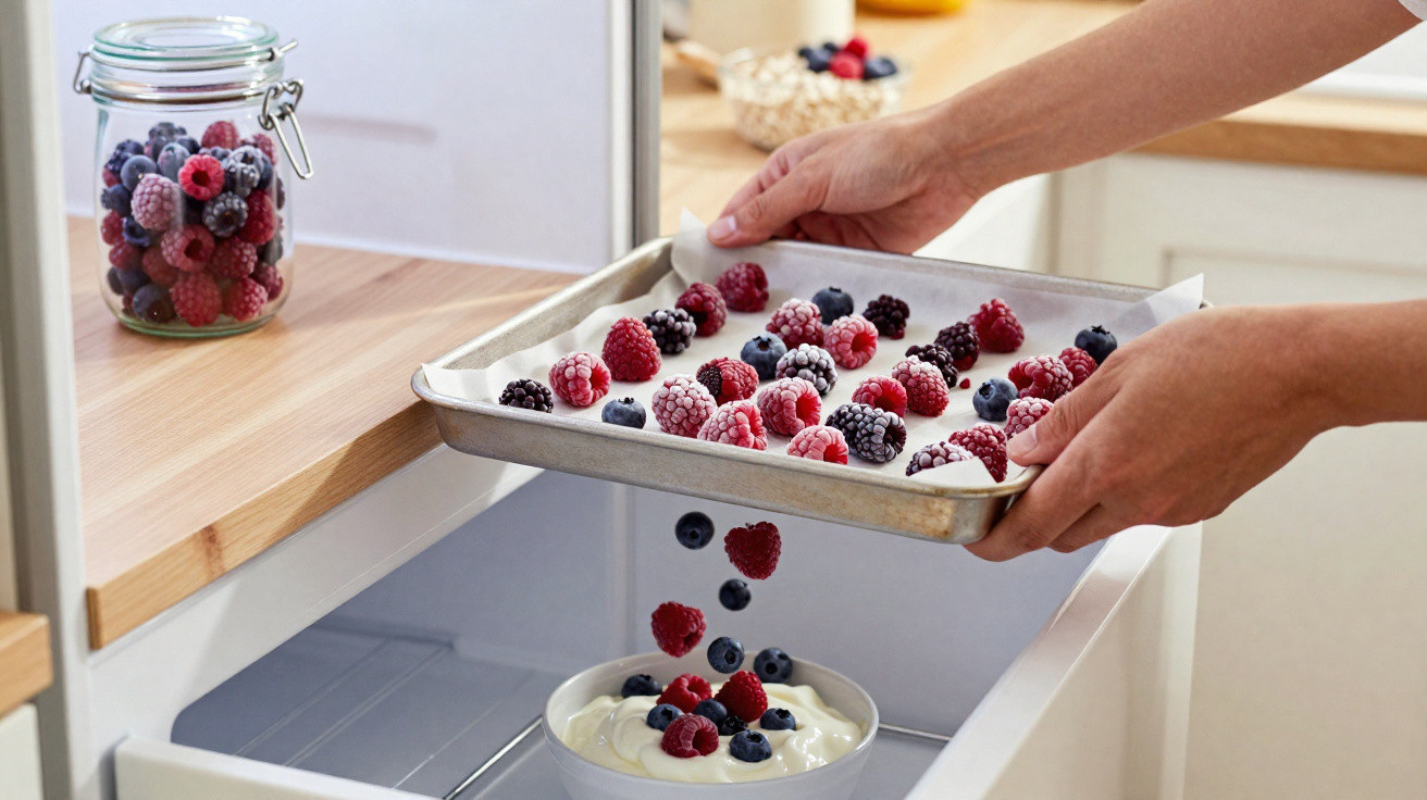 Mãos a colocar tabuleiro com frutos vermelhos congelados num frigorífico junto a taça com iogurte e frutos.