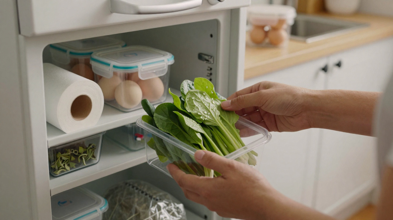 Mãos guardam folhas verdes frescas num recipiente em frigorífico com ovos, papel e vegetais.