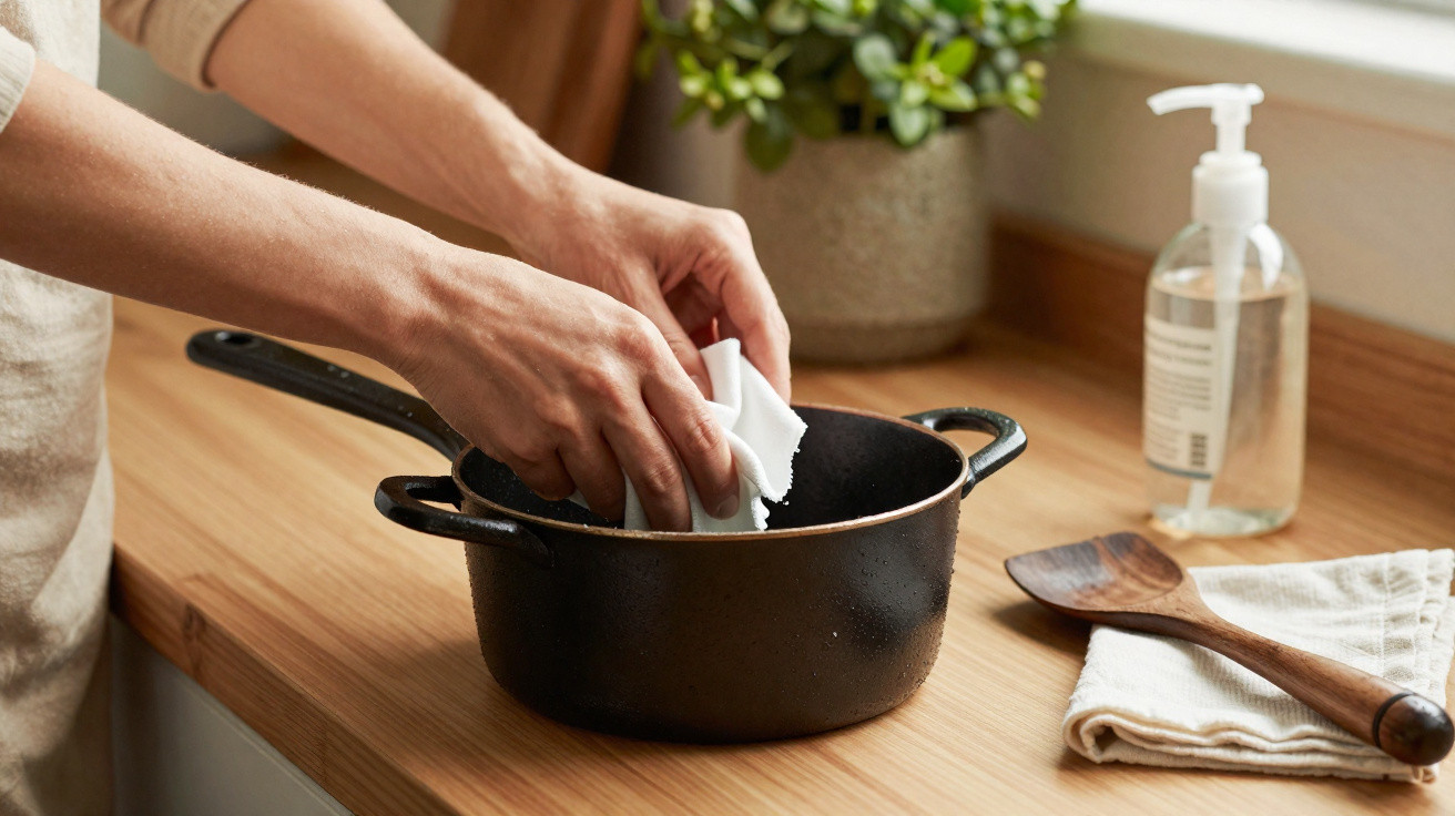 Mãos a limpar um tacho preto com um pano branco numa bancada de madeira junto a sabonete e colher de pau.
