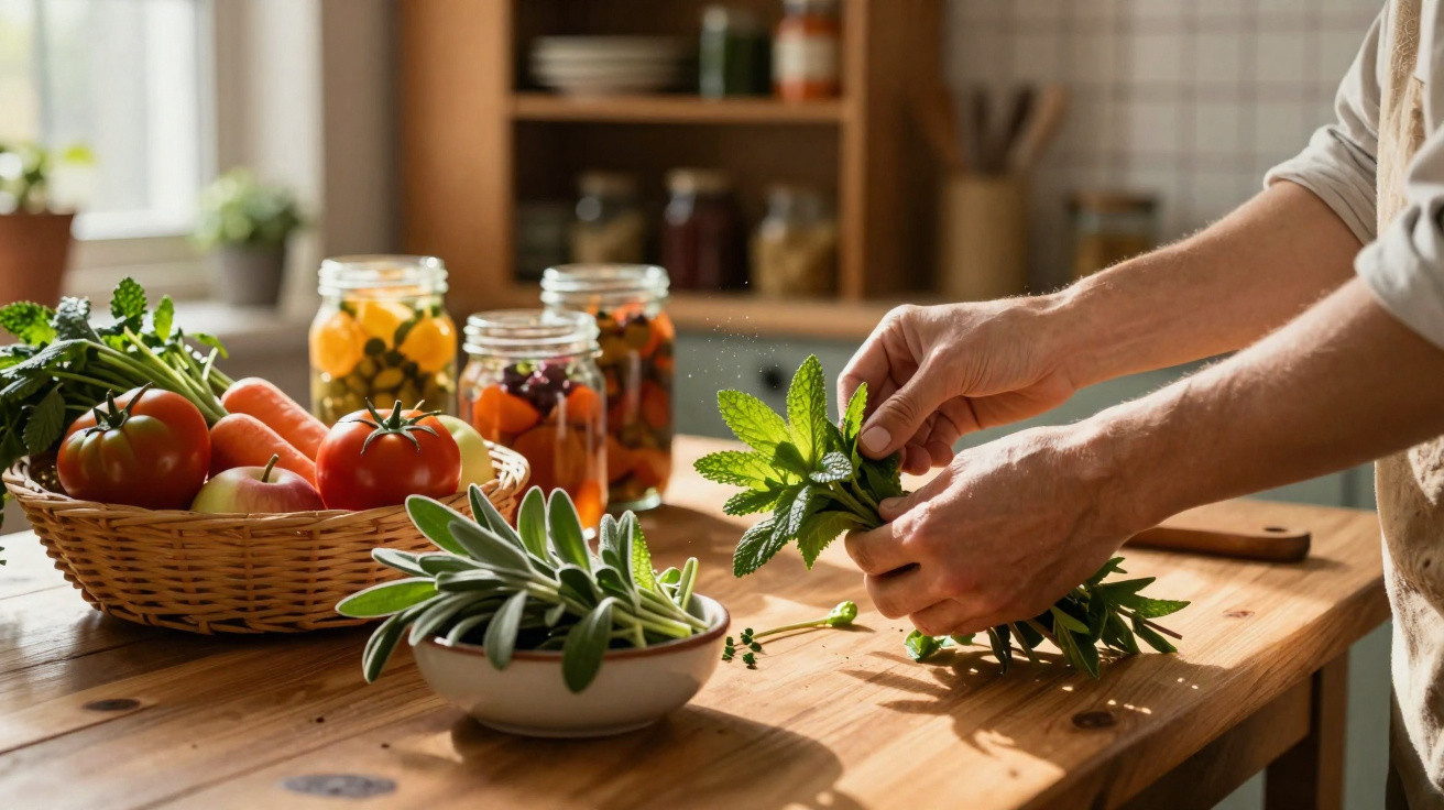 Mãos a preparar ervas frescas numa cozinha com legumes e frascos de conserva sobre a mesa de madeira.