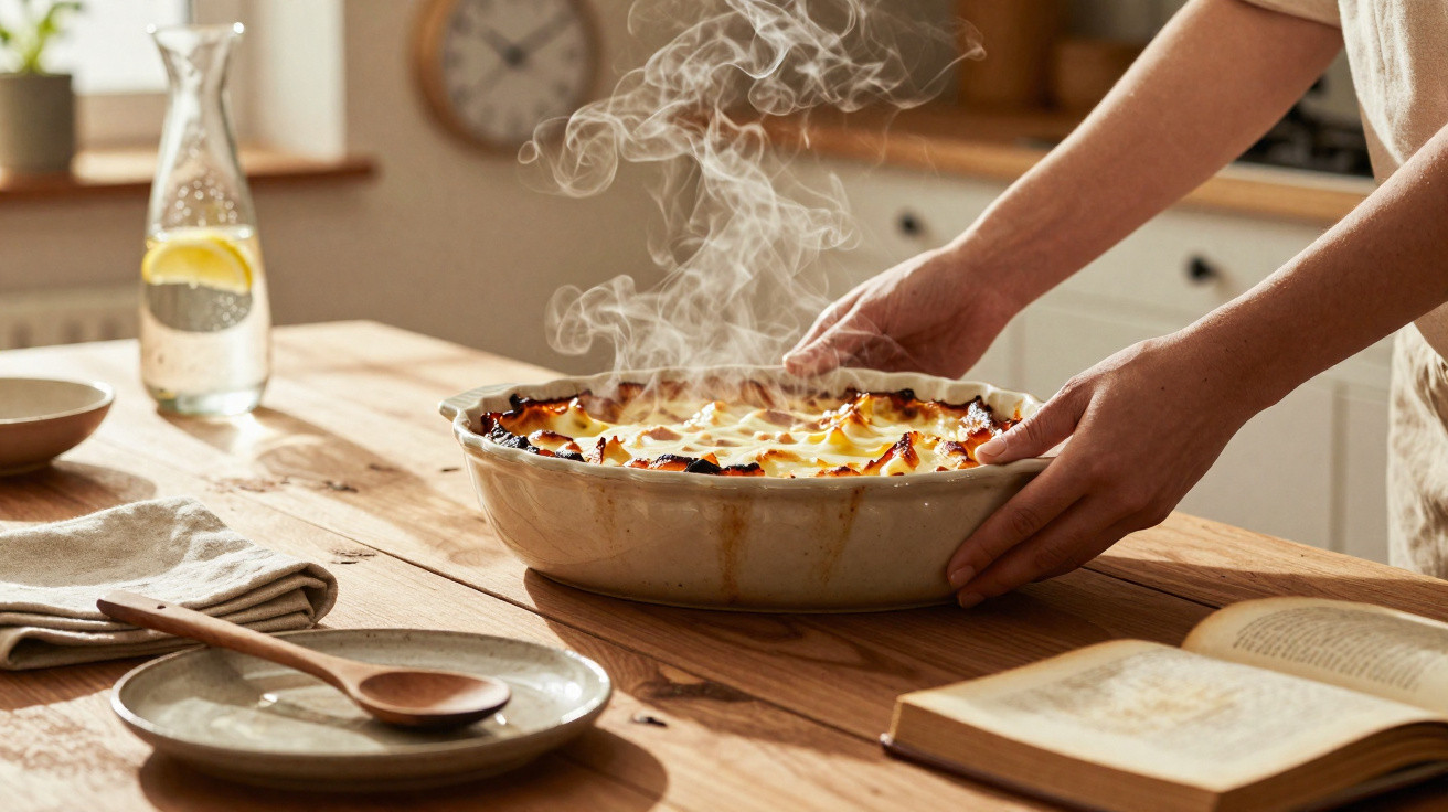 Mãos a retirar do forno um prato quente acabado de cozinhar, com vapor a sair, sobre uma mesa de madeira.