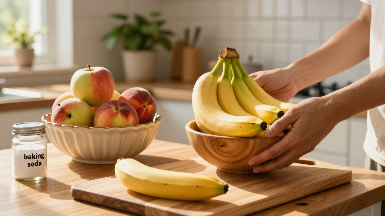 Pessoa a colocar cachos de bananas numa tigela de madeira numa cozinha com maçãs e bicarbonato de sódio numa mesa.