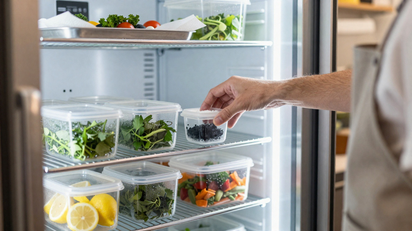 Interior de frigorífico aberto com recipientes plásticos transparentes contendo frutas, legumes e ervas frescas.