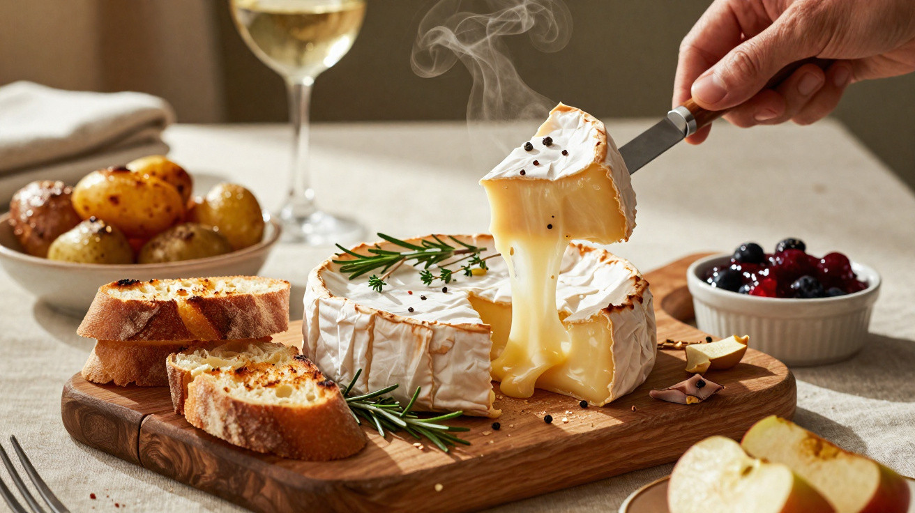 Queijo camembert quente a ser servido, com pão, batatas, frutos vermelhos e vinho branco.