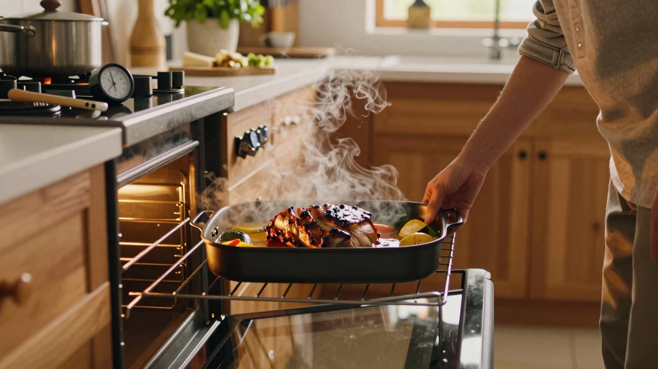 Mão a retirar assado fumegante com legumes de forno numa cozinha com móveis de madeira.